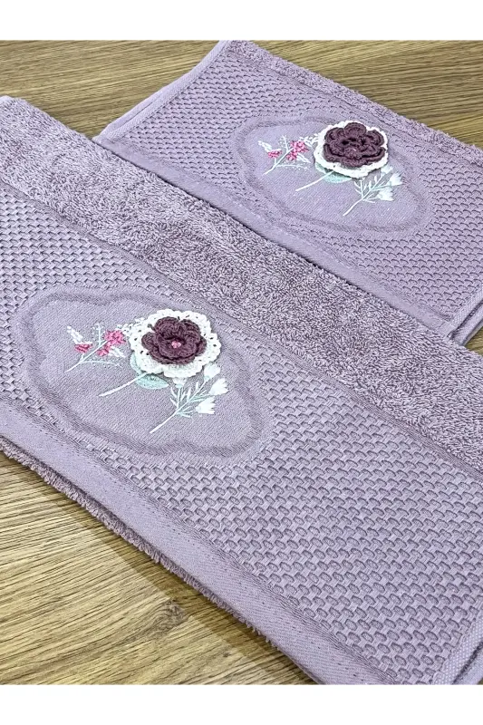 3D Flower Embroidered Boxed Dowry 1 Piece 50x90 Hand Face Towel 1 Piece 30x50 Kitchen Towel - PURPLE - 4