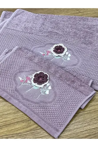 3D Flower Embroidered Boxed Dowry 1 Piece 50x90 Hand Face Towel 1 Piece 30x50 Kitchen Towel - PURPLE - 5