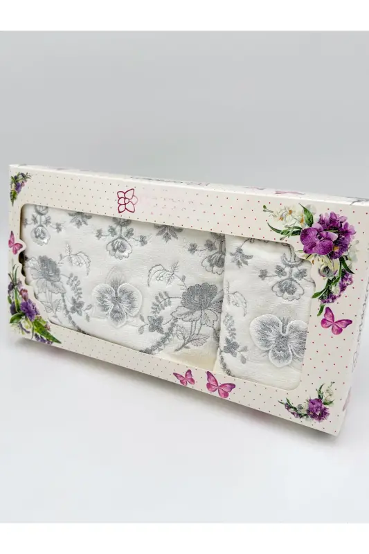 3D Flower Embroidered Boxed Dowry 1 Piece 50x90 Hand Face Towel 1 Piece 30x50 Kitchen Towel - Silver - 1