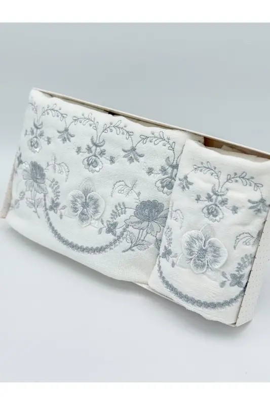 3D Flower Embroidered Boxed Dowry 1 Piece 50x90 Hand Face Towel 1 Piece 30x50 Kitchen Towel - Silver - 2