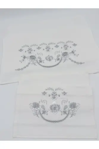 3D Flower Embroidered Boxed Dowry 1 Piece 50x90 Hand Face Towel 1 Piece 30x50 Kitchen Towel - Silver - 3