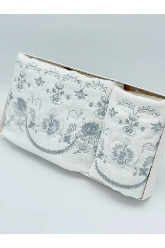 3D Flower Embroidered Boxed Dowry 1 Piece 50x90 Hand Face Towel 1 Piece 30x50 Kitchen Towel - Silver - 4