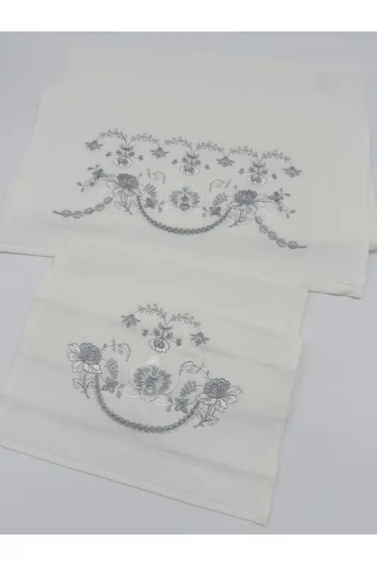 3D Flower Embroidered Boxed Dowry 1 Piece 50x90 Hand Face Towel 1 Piece 30x50 Kitchen Towel - Silver - 5