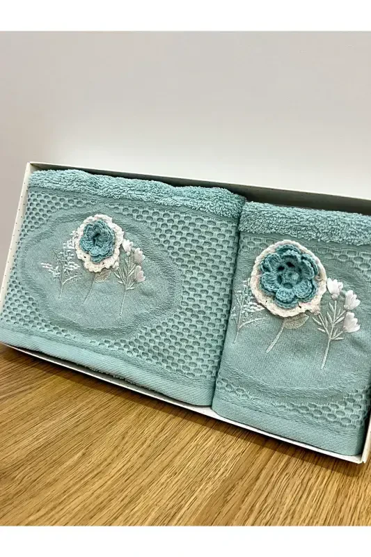 3d Flower Embroidered Boxed Dowry 1 Piece 50x90 Hand Towel 1 Piece 30x50 Kitchen Towel-PETROL BLUE - 2