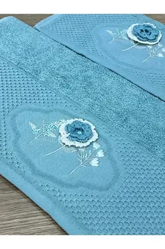 3d Flower Embroidered Boxed Dowry 1 Piece 50x90 Hand Towel 1 Piece 30x50 Kitchen Towel-PETROL BLUE - 4