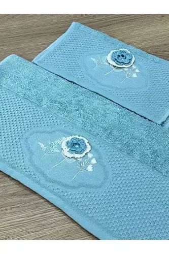 3d Flower Embroidered Boxed Dowry 1 Piece 50x90 Hand Towel 1 Piece 30x50 Kitchen Towel-PETROL BLUE - 5