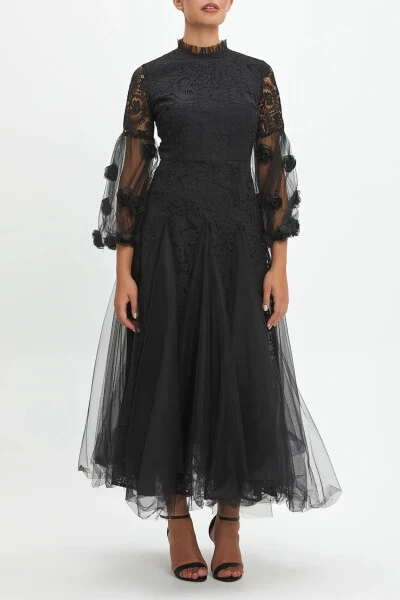 3D Flowers and Tulle Detail Balloon Sleeve Lace Overlay Long Black Dress 40260 - Modazone
