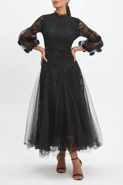 3D Flowers and Tulle Detail Balloon Sleeve Lace Overlay Long Black Dress 40260 - 3