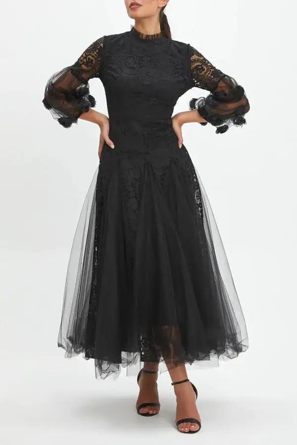3D Flowers and Tulle Detail Balloon Sleeve Lace Overlay Long Black Dress 40260 - 3