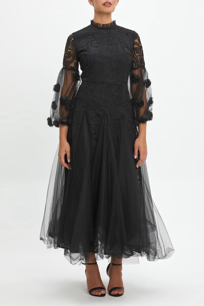 3D Flowers and Tulle Detail Balloon Sleeve Lace Overlay Long Black Dress 40260 - SERPIL