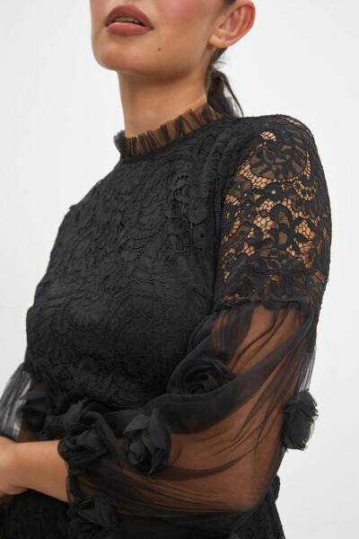 3D Flowers and Tulle Detail Balloon Sleeve Lace Overlay Long Black Dress 40260 - SERPIL (1)