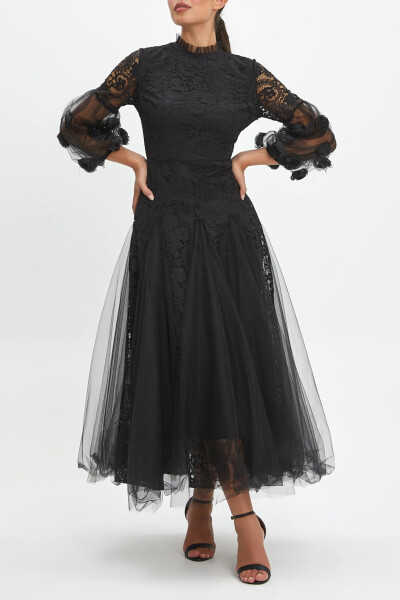 3D Flowers and Tulle Detail Balloon Sleeve Lace Overlay Long Black Dress 40260 - 3