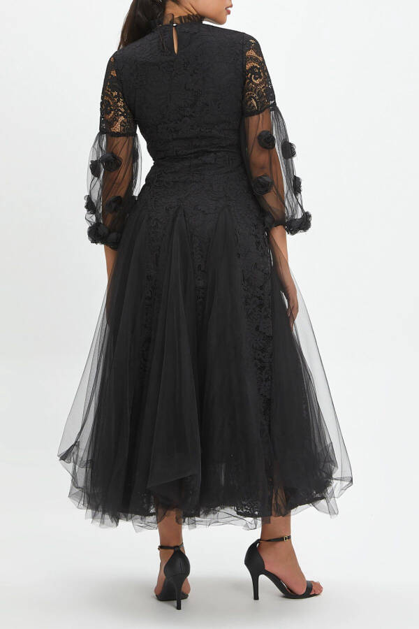 3D Flowers and Tulle Detail Balloon Sleeve Lace Overlay Long Black Dress 40260 - 4
