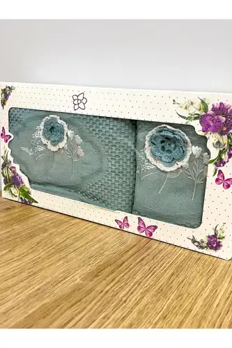 3d Gul kashtalangan qutili sep 1 dona 50x90 qo'l yuz sochiq 1 dona 30x50 oshxona sochiq - PETROL MAVISI - 1