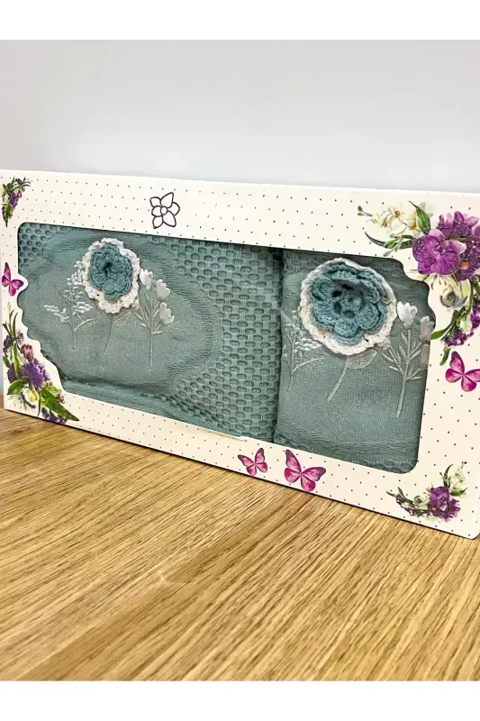 3d Gul kashtalangan qutili sep 1 dona 50x90 qo'l yuz sochiq 1 dona 30x50 oshxona sochiq - PETROL MAVISI - 1