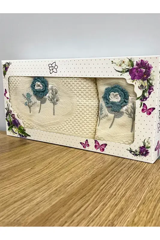 3d Gul kashtali qutili sep 1 dona 50x90 qo'l yuz sochiq 1 dona 30x50 oshxona sochiq-KREM*KO'K - 2