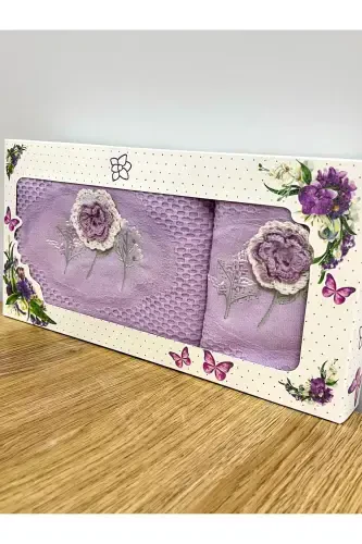 3d Gul kashtali qutili sep 1 dona 50x90 qo'l yuz sochiq 1 dona 30x50 oshxona sochiq-LILA - 1