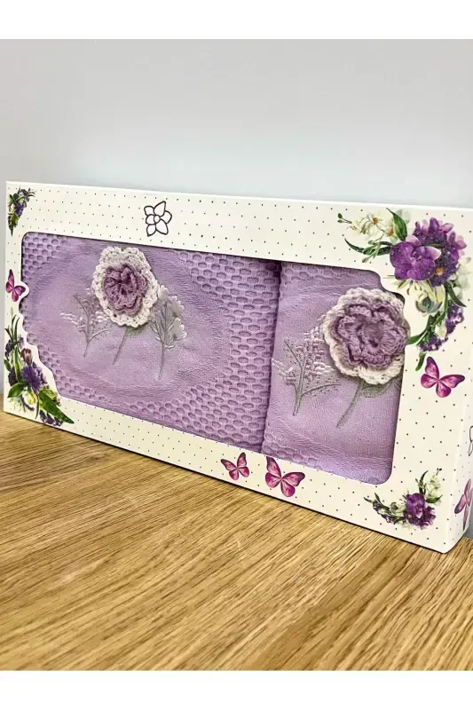 3d Gul kashtali qutili sep 1 dona 50x90 qo'l yuz sochiq 1 dona 30x50 oshxona sochiq-LILA - 1