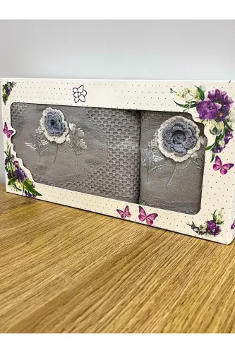 3d Gul Naqshli Qutuli Sep 1 Dona 50x90 Qo'l Yuz Sochiqi 1 Dona 30x50 Oshxona Sochiqi - KULRANG 