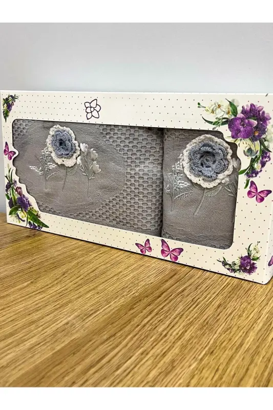3d Gul Naqshli Qutuli Sep 1 Dona 50x90 Qo'l Yuz Sochiqi 1 Dona 30x50 Oshxona Sochiqi - KULRANG - 1