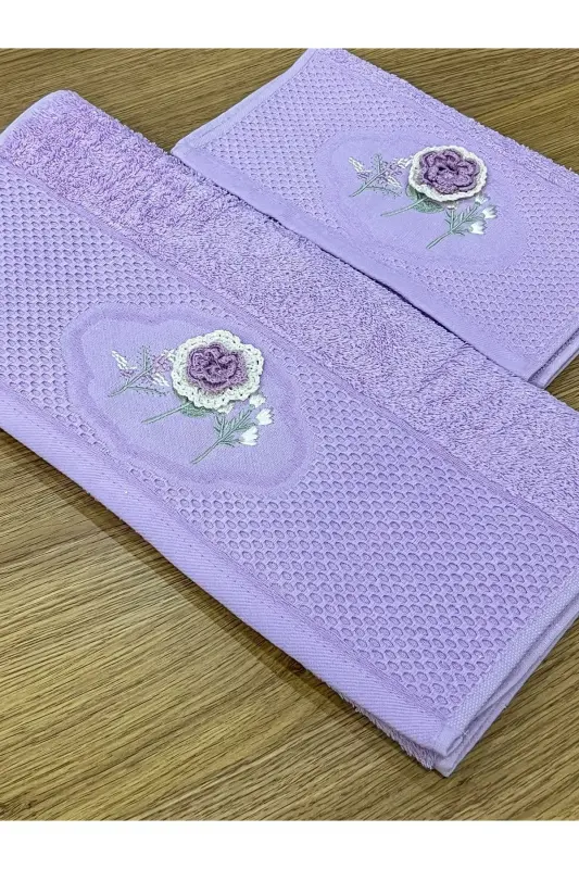 3D gulli naqshli qutili seplik 1 dona 50x90 qo'l yuz sochiqi 1 dona 30x50 oshxona sochiqi - LILA - 3