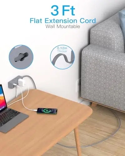 3Ft Extension Cord with Multiple Outlets, Flat Plug Power Strip Surge Protector with 1 Ft Cord, 6 Outlet 3 USB Ports (1 USB C), Multi Outlet Wall Plug for Travel, Dorm Room Essentials-Grey - 6