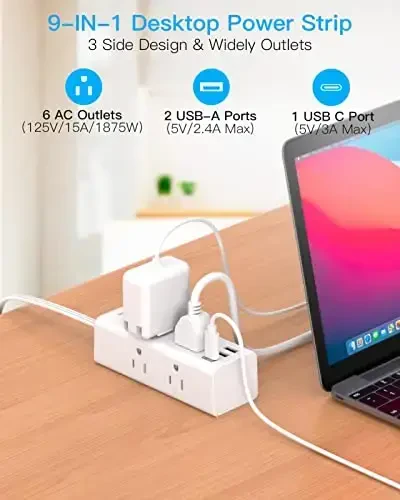 3Ft kengaytirgich simi bir nechta rozetkaga ega, tekis vilka Tok urishidan himoya qiluvchi 1 Ft simli tok o'tkazgich, 6 rozetka 3 USB porti (1 USB C), Sayohat, kollej, yotoqxona uchun ko'p rozetkali devor vilkasi - 3