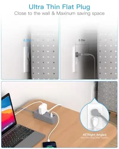 3Ft Uzaytirgich Ko'p Rozetkali, Yassi Vilkali Elektr Tasmali Aşırı Gerilim Koruyucusu 1 Ft Uzaytirgichli, 6 Rozetka 3 USB Port (1 USB C), Sayohat, Talabalar Yotoqxonasi uchun Ko'p Rozetkali Devor Vilkasi-Kulrang - 2