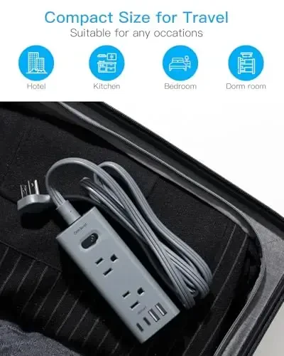 3Ft Uzaytirgich Ko'p Rozetkali, Yassi Vilkali Elektr Tasmali Aşırı Gerilim Koruyucusu 1 Ft Uzaytirgichli, 6 Rozetka 3 USB Port (1 USB C), Sayohat, Talabalar Yotoqxonasi uchun Ko'p Rozetkali Devor Vilkasi-Kulrang - 7