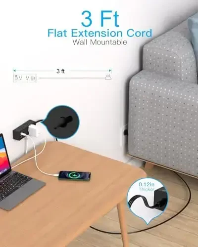 3Ft Uzaytirgich simi bir nechta rozetka, tekis vilka Tarmoq filtri 1 Ft simli, 6 rozetka 3 USB porti (1 USB C), Sayohat, yotoqxona xonasi uchun ko'p rozetkali devorga ulanadigan vilka - qora - 2