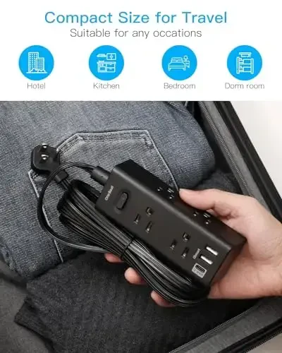 3Ft Uzaytirgich simi bir nechta rozetka, tekis vilka Tarmoq filtri 1 Ft simli, 6 rozetka 3 USB porti (1 USB C), Sayohat, yotoqxona xonasi uchun ko'p rozetkali devorga ulanadigan vilka - qora - 7