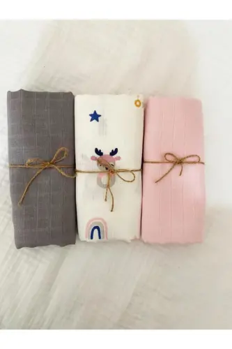 3'li %100 Paxta Organik Muslin Mato Adyol, Ko'p Maqsadli, 80x80 sm, Yangi tug'ilgan baby-Turkuaz - 3