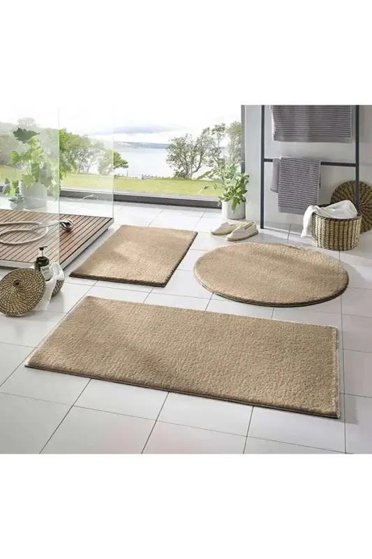 3'li Banyo Gilami Peluş Gilam Klozet Komplekti --- 50x90--50x60---50x50(Dumaloq)-vizon1 - 1