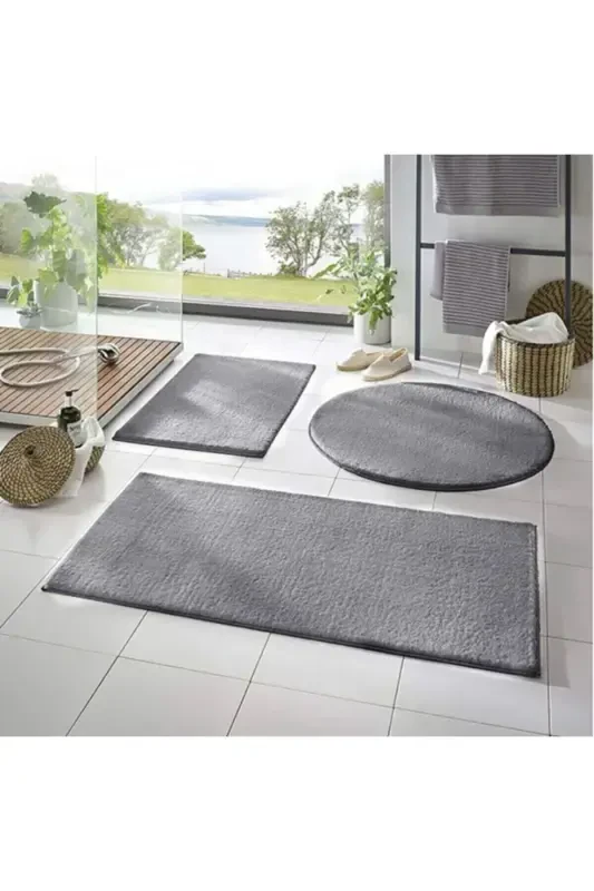 3'li Banyo Paspası Halısı Peluş Halı Klozet Takımı -- 50x90--50x60---50x50(YUVARLAK)-gri1 - 1
