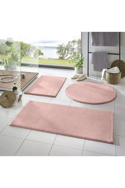 3'li Banyo Paspası Halısı Peluş Halı Klozet Takımı 50x90-50x60--50x50(YUVARLAK)-pembe1 - SARAR