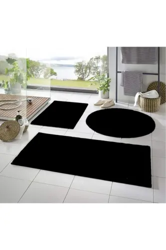 3'li Banyo Paspası Halısı Peluş Halı Klozet Takımı -- 50x90--50x60---50x50(YUVARLAK)-siyah1 