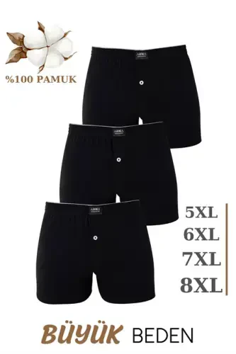 3'li Paket Erkak Katta O'lcham Boxer Qora 100% Paxta Penye Keng Qolip Battal Bo'y Ichki Kiyim - 1