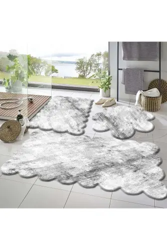 3'li Set Kaymas Taban Banyo Paspası Halısı 50x50 (yuvarlak papatya ) --50x60(LAZER)- -60x100 (LAZER)-Chizgili Gri 