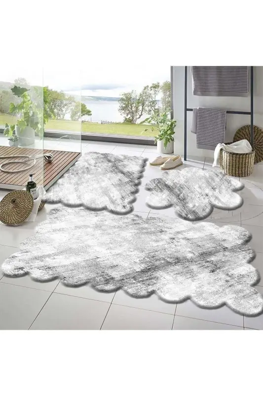 3'li Set Kaymas Taban Banyo Paspası Halısı 50x50 (yuvarlak papatya ) --50x60(LAZER)- -60x100 (LAZER)-Chizgili Gri - 1