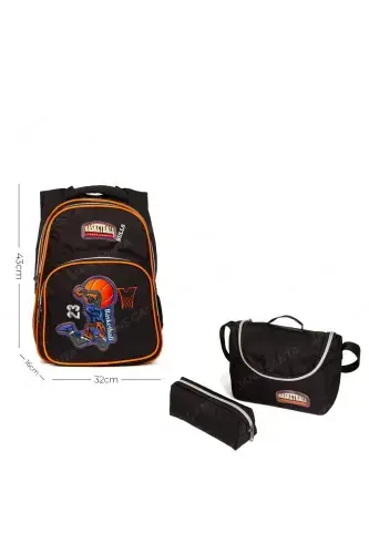 3lik Boshlang'ich maktab termal oziq-ovqat va qalamdonli maktab sumkasi - qora basketbol - 1