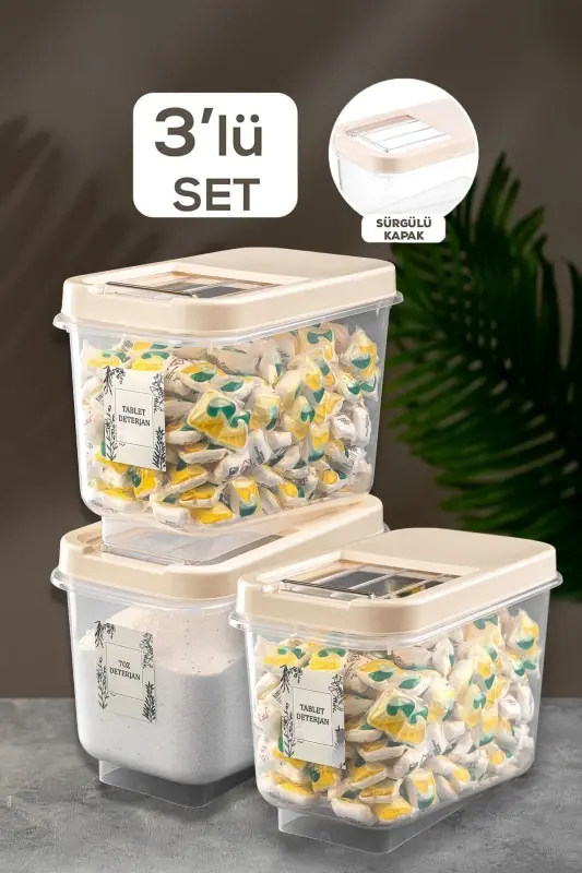 3'lü 10 Lt Kayar Kapaklı Tablet Deterjan Saklama Kutusu - Etiketli Deterjan Saklama Kabı Krem-Krem - MELENI HOME