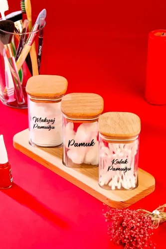 3'lü Ahşap Çapraz Standlı 250 ML Mika Pamukluk Seti Dekoratif Banyo Organizeri - 1