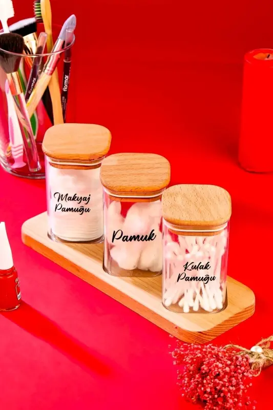 3'lü Ahşap Çapraz Standlı 250 ML Mika Pamukluk Seti Dekoratif Banyo Organizeri - 1