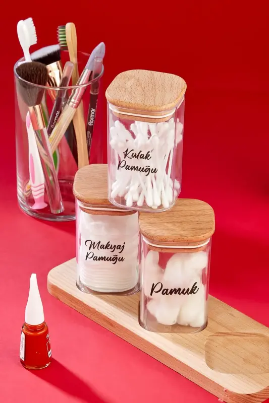3'lü Ahşap Çapraz Standlı 250 ML Mika Pamukluk Seti Dekoratif Banyo Organizeri - 2
