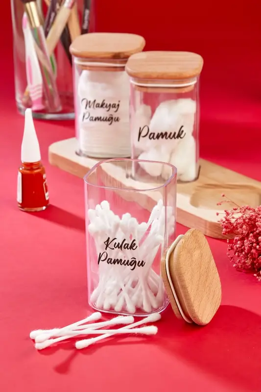 3'lü Ahşap Çapraz Standlı 250 ML Mika Pamukluk Seti Dekoratif Banyo Organizeri - 3