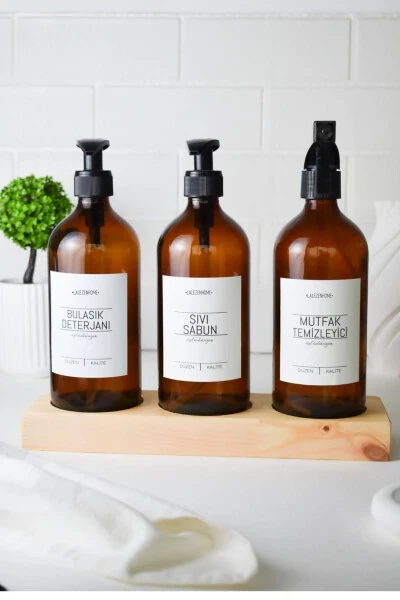 3lü Ahşap Standlı Sıvı Sabun Bulaşık Deterjanı Mutfak Temizleyici Beyaz Etiketli Amber 500ml - LALEZEN HOME
