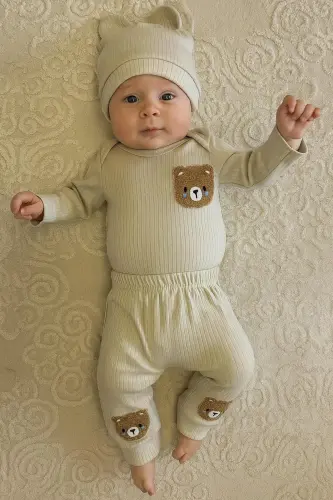 3'lü ayıcık nakışlı pamuk kumaş bebek takımı-Yeşil3lümnbrd 