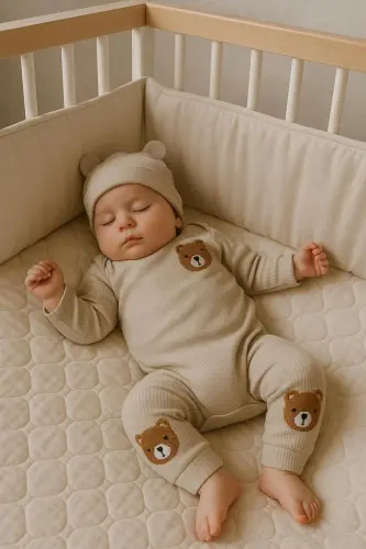 3'lü ayıcık nakışlı pamuk kumaş bebek takımı-Yeşil3lümnbrd - 3