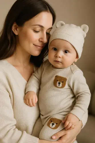 3'lü ayıcık nakışlı pamuk kumaş bebek takımı-Yeşil3lümnbrd - ANNE DOKUNUŞU GIBI KUZUM BEBE (1)