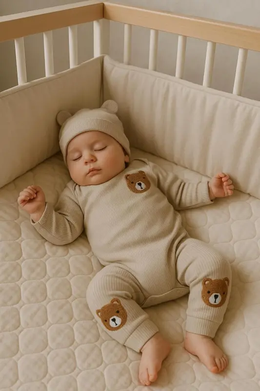 3'lü ayıcık nakışlı pamuk kumaş bebek takımı-Yeşil3lümnbrd - 3